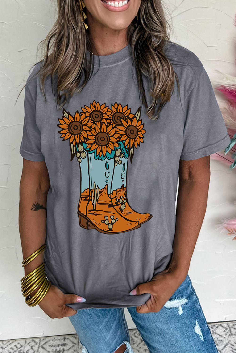 Gray Sunflower Cowgirl Boots Print Western Fashion T Shirt - loveforevers