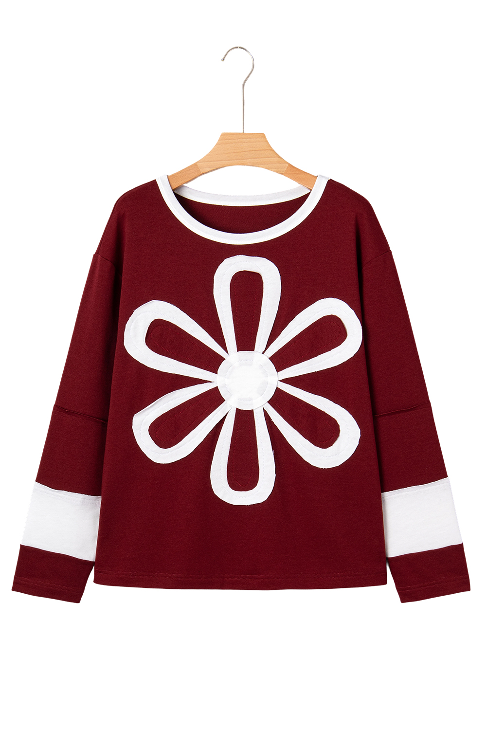 Red Dahlia Cheerful Daisy Flower Patched Round Neck Long Sleeve Top - loveforevers