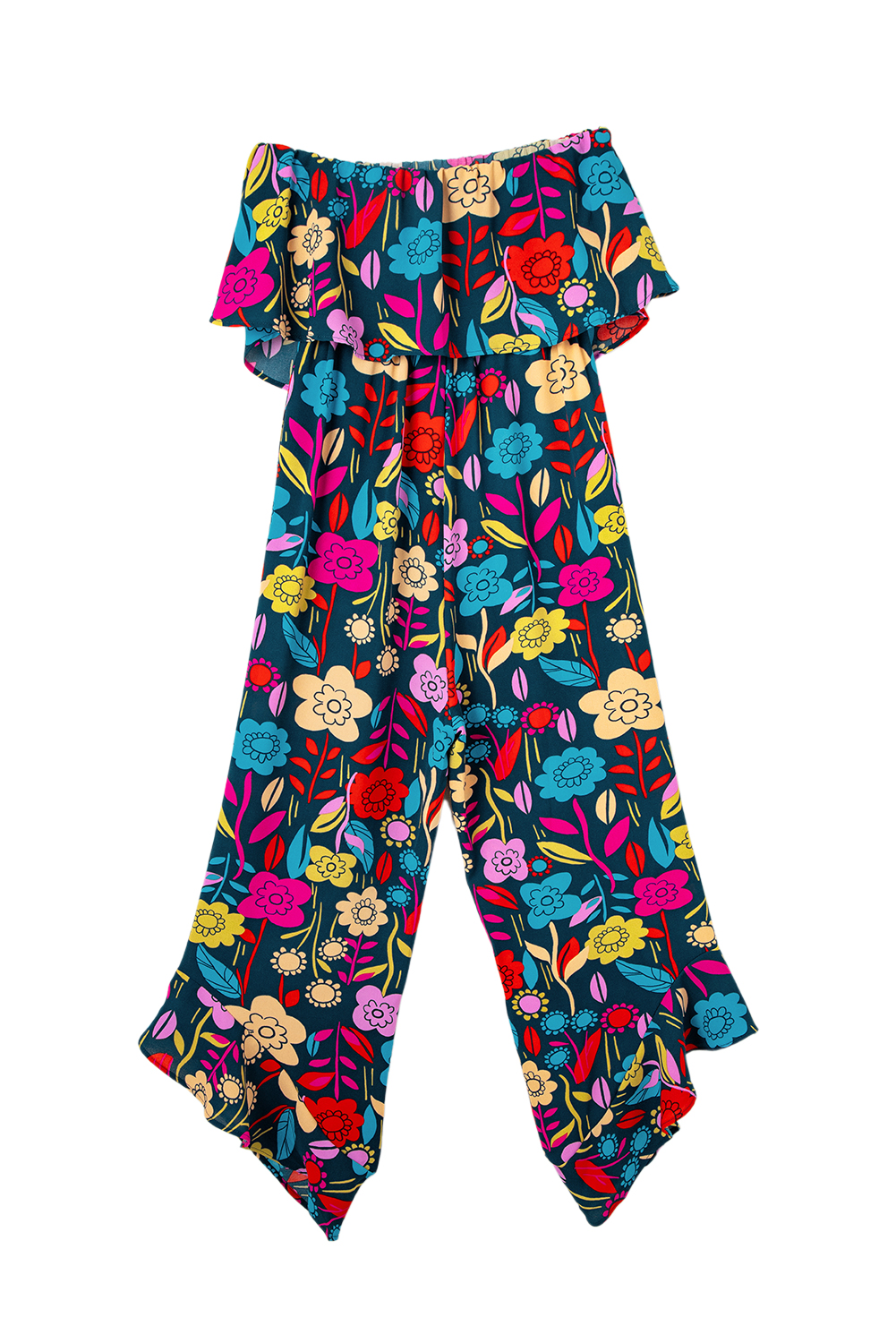 Red Mix Tropical Print Strapless Ruffled Jumpsuit - loveforevers