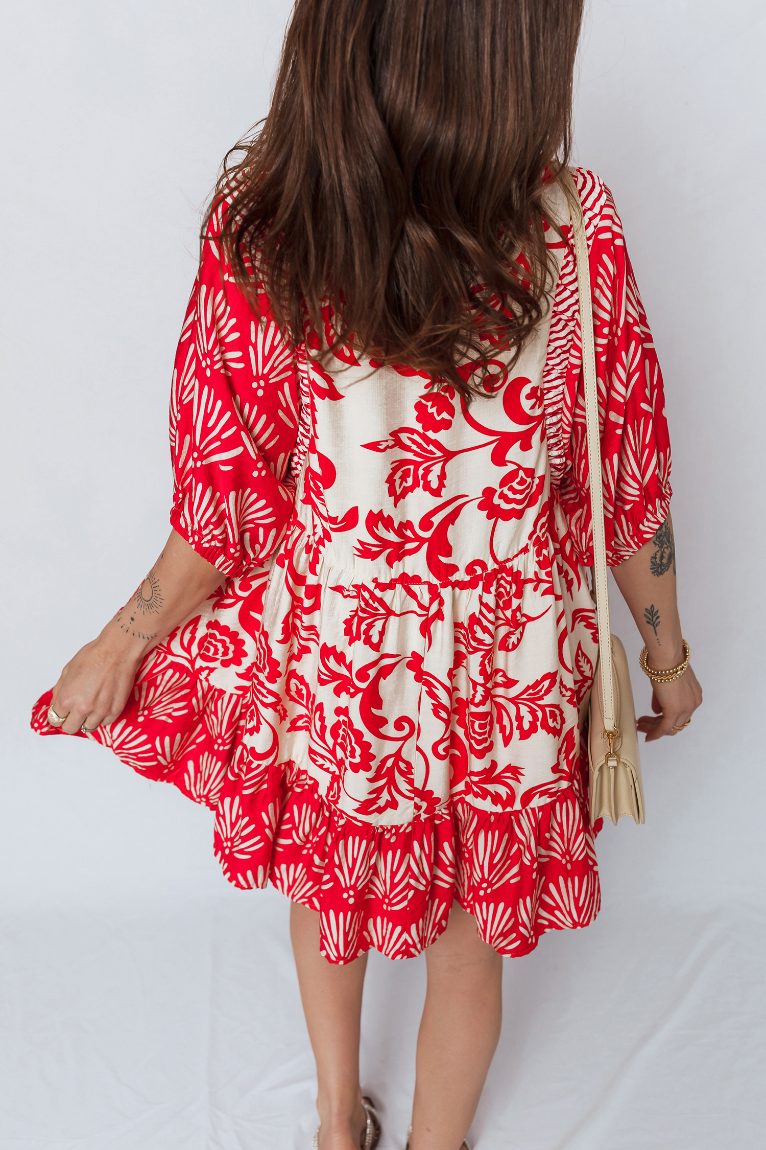 Red Collared V Neck Half Sleeve Loose Flower Mini Dress - loveforevers
