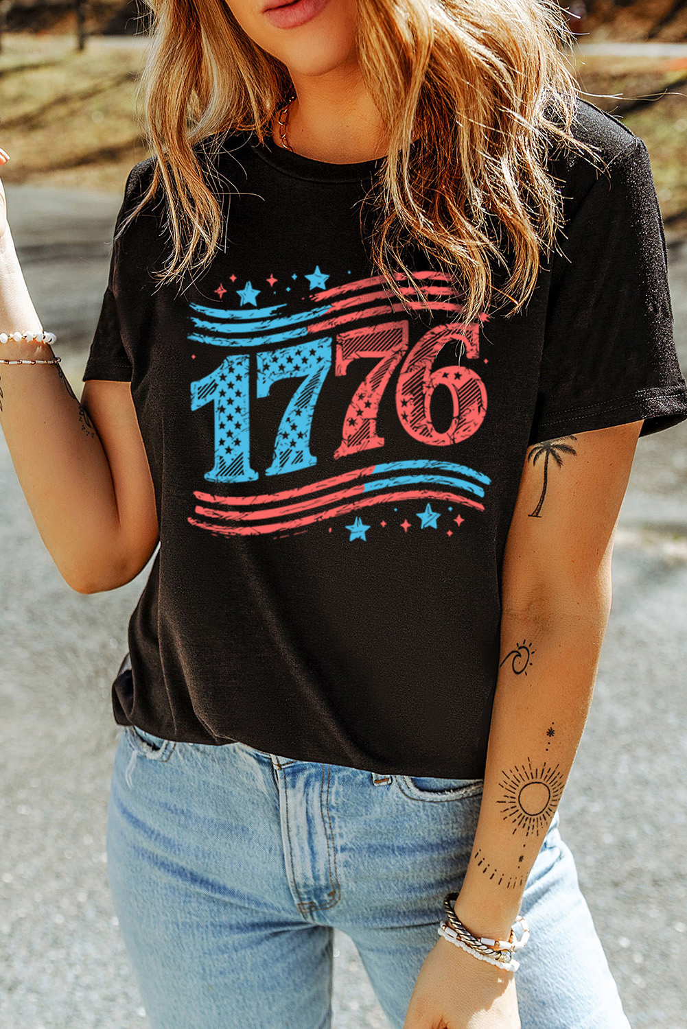 Black 1776 American Flag Theme Print Crew Neck T Shirt - loveforevers