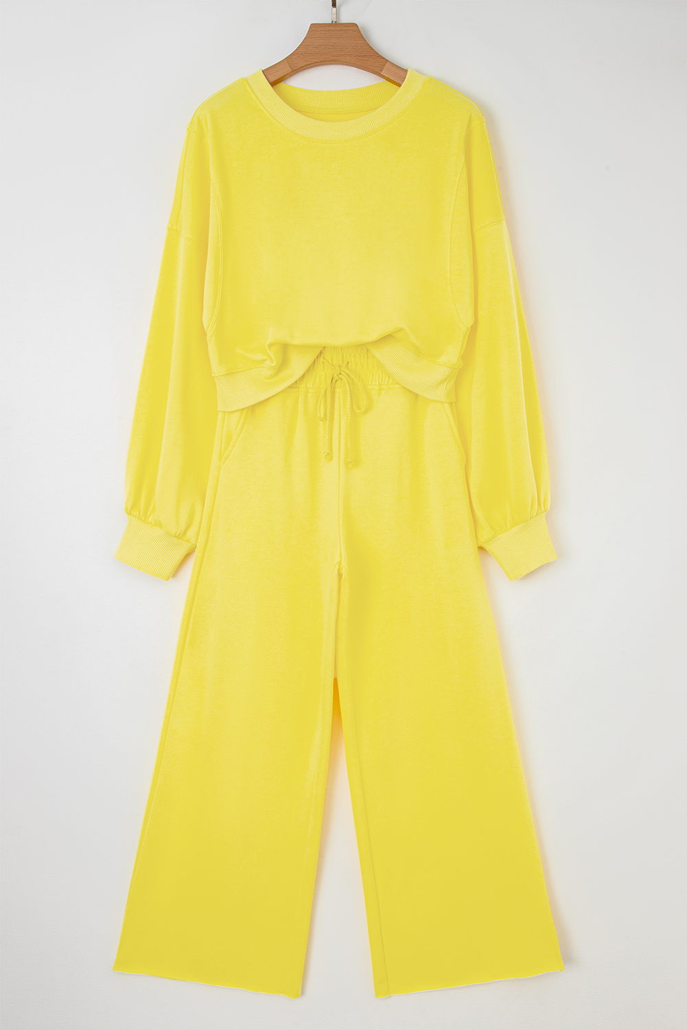 Bright Green Drop Shoulder Puff Sleeve Crop Pullover Drawstring Wide Leg Pants Set - loveforevers