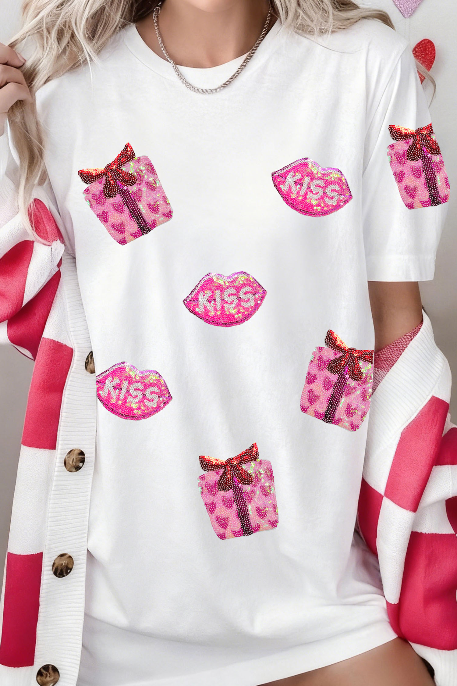 White Valentines Gift Kiss Lip Sequin Graphic T Shirt - loveforevers