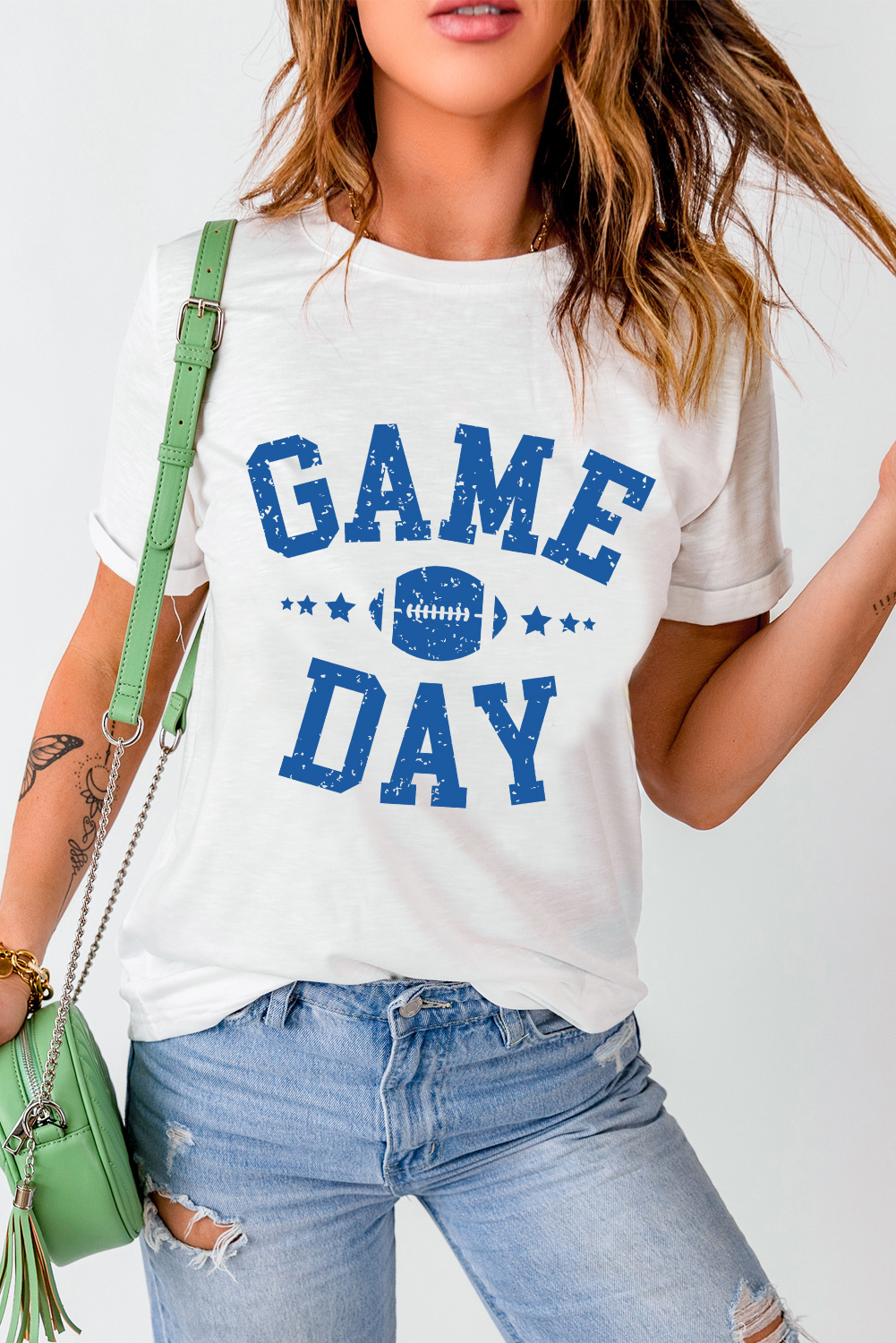 White GAME DAY Rugby Football Graphic Crewneck T Shirt - loveforevers