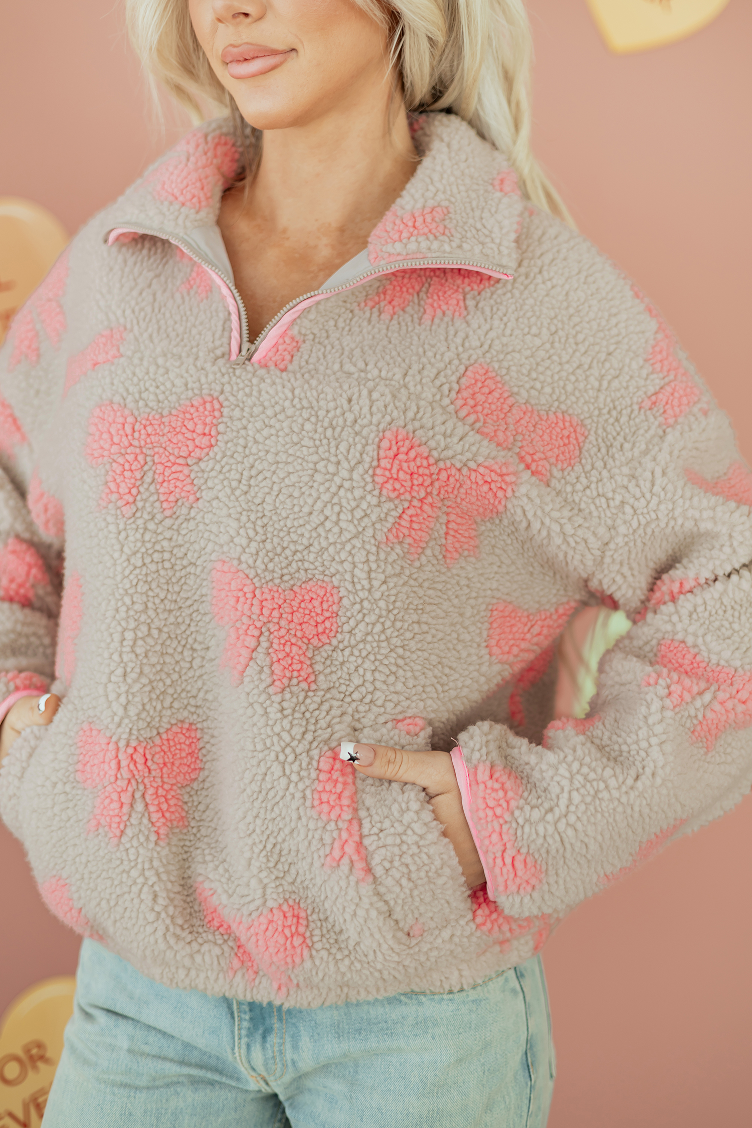 Gray Bow Sherpa Quarter Zip Drop Shoulder Baggy Sweatshirt - loveforevers