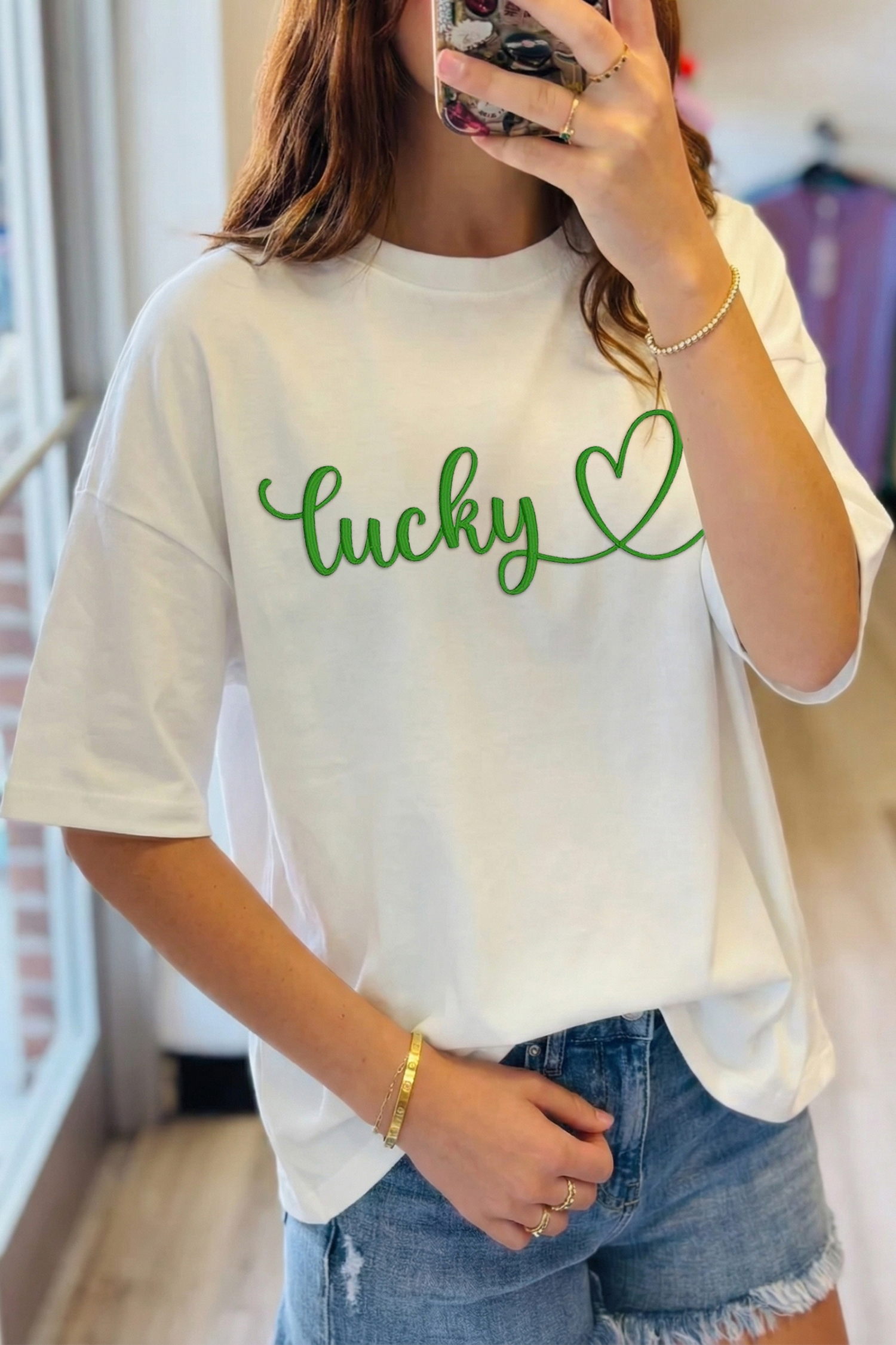 White lucky Heart Embroidered Graphic Casual Tee - loveforevers