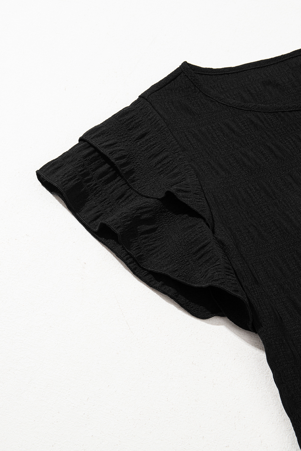 Dark Green Textured Ruffled Sleeve Round Neck Top - loveforevers