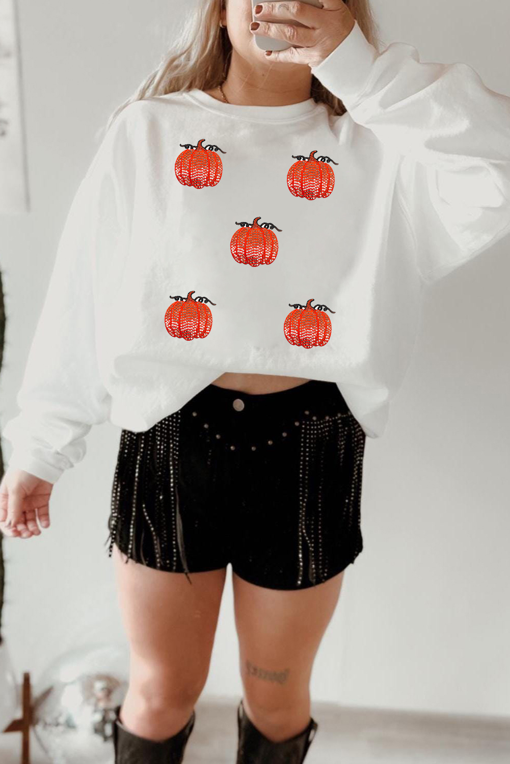 White Sequin Pumpkin Patched Drop Shoulder Sweatshirt - loveforevers
