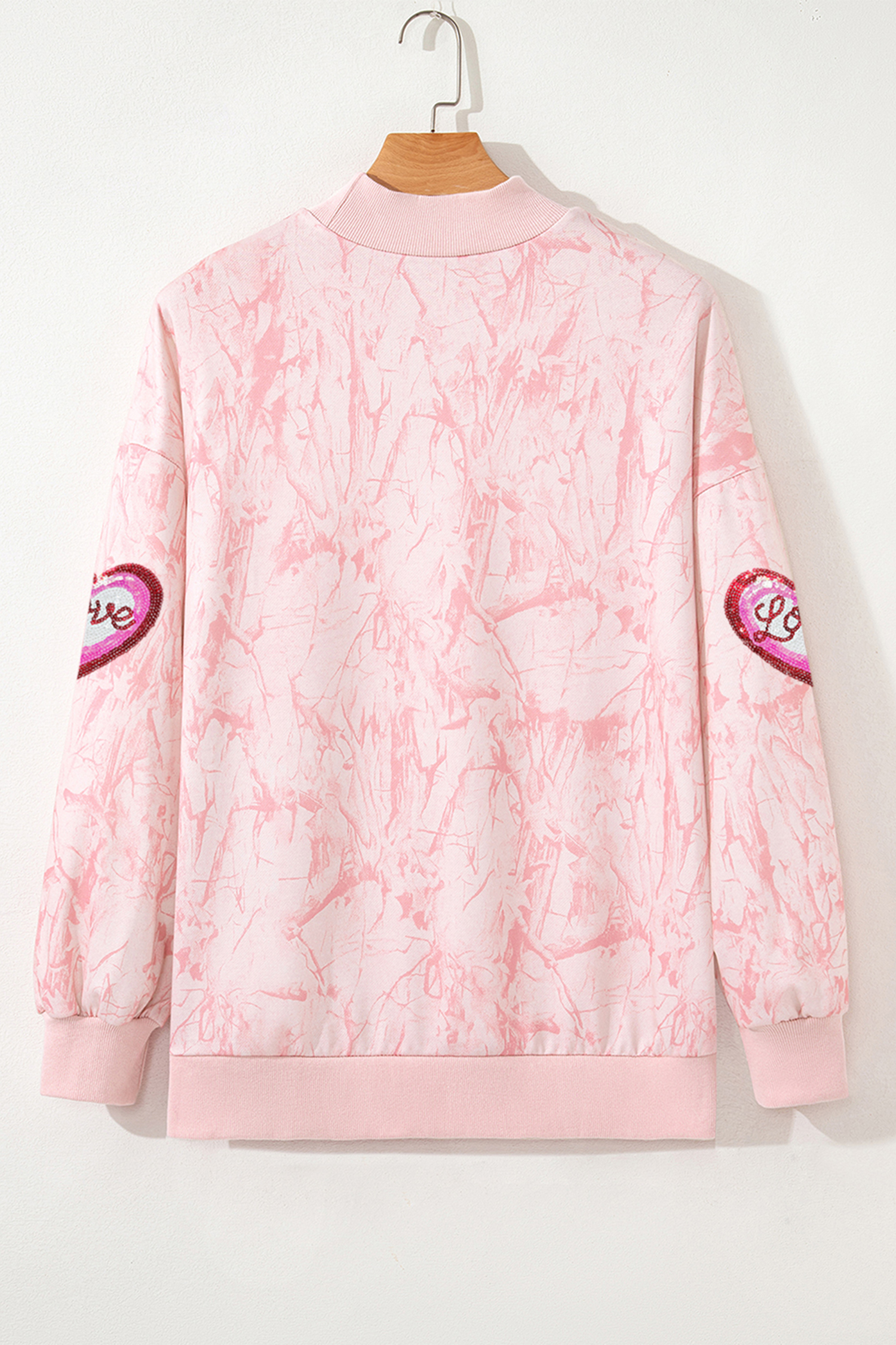 Pink Tie Dye Camo Sequin Love Heart Patched Mock Neck Sweatshirt - loveforevers