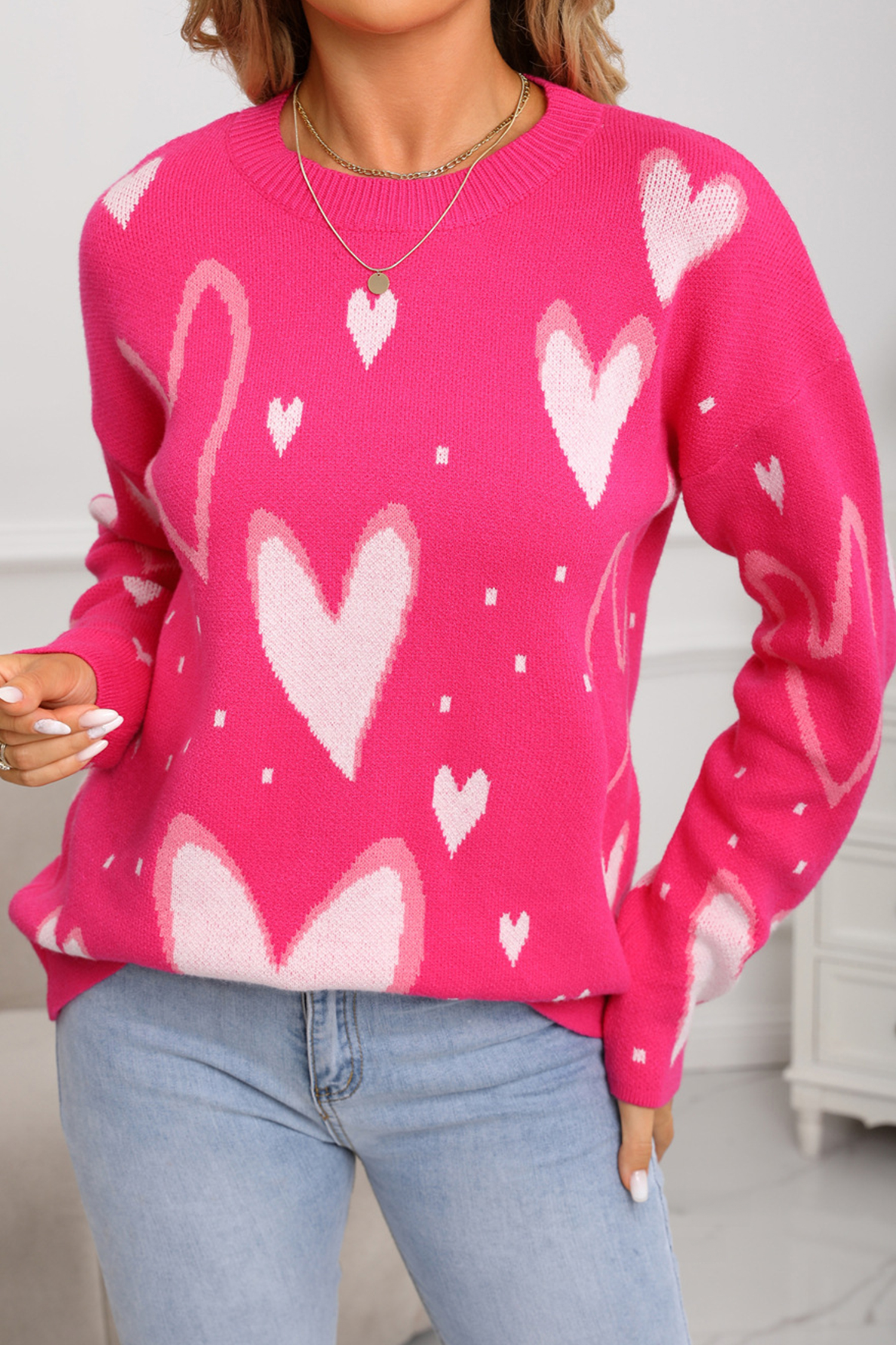 White Splendid Heart Print Valentines Day Sweater - loveforevers