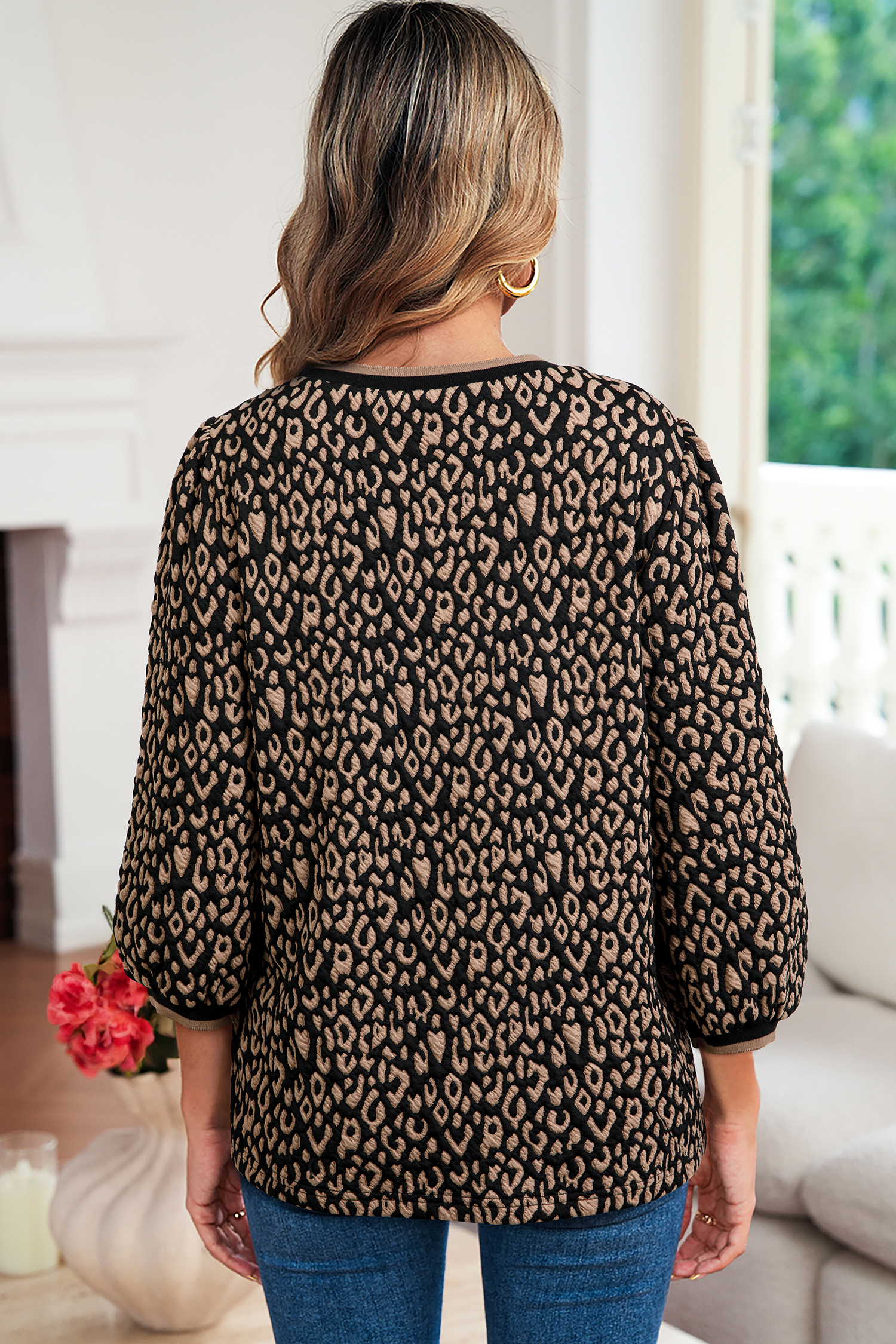 Black Leopard Print Puffy Bracelet Sleeve Contrast Trim Round Neck Top - loveforevers
