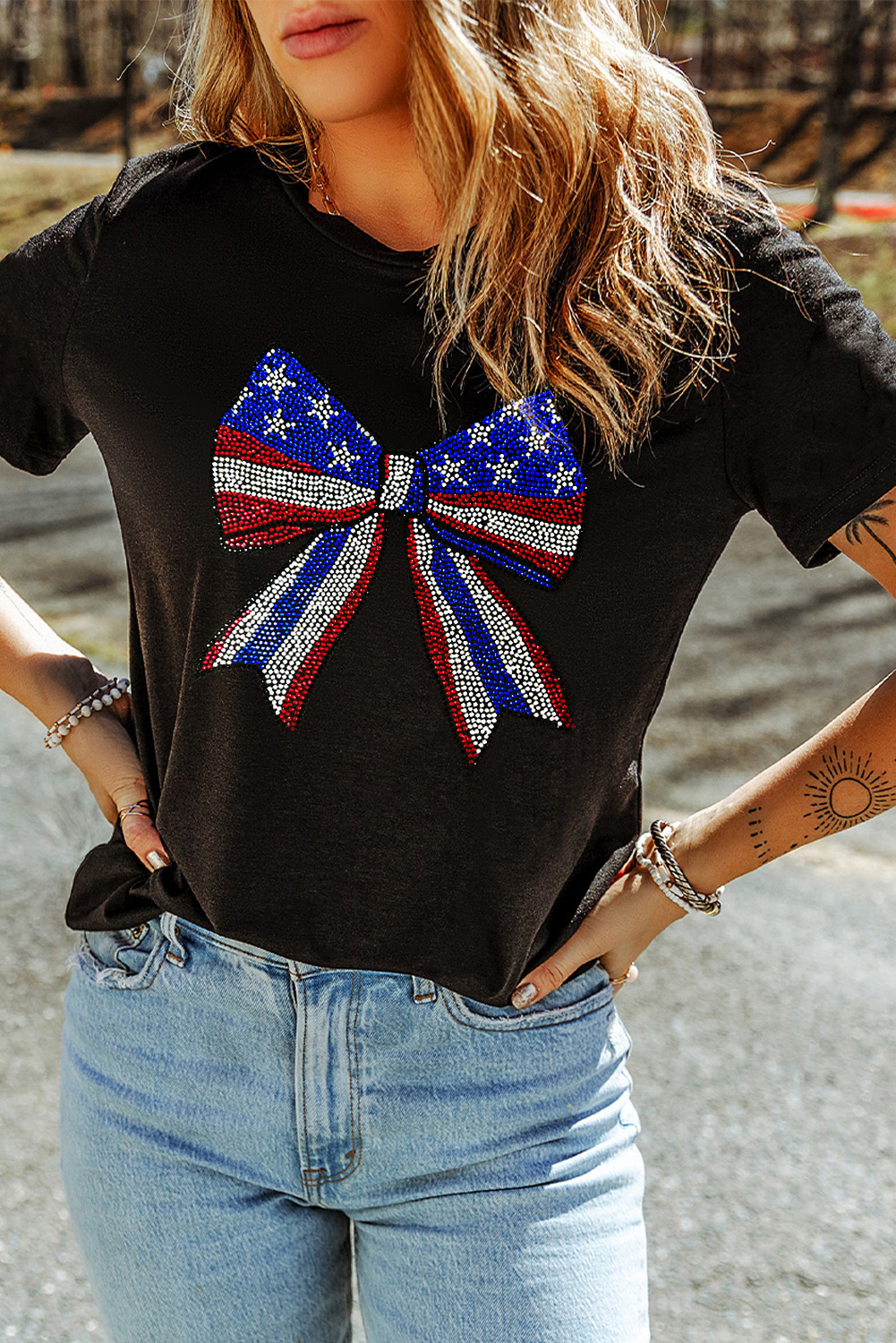 Black Rhinestone Stars and Stripes Bow Graphic Independence Day T Shirt - loveforevers