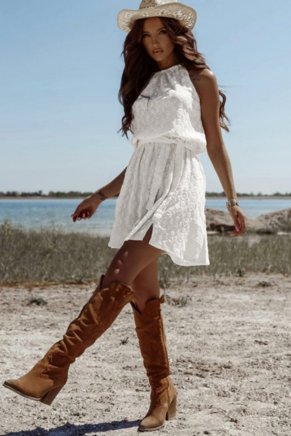 White Lace Sleeveless Knot Hollow Out Back Tied Waist Mini Dress - loveforevers