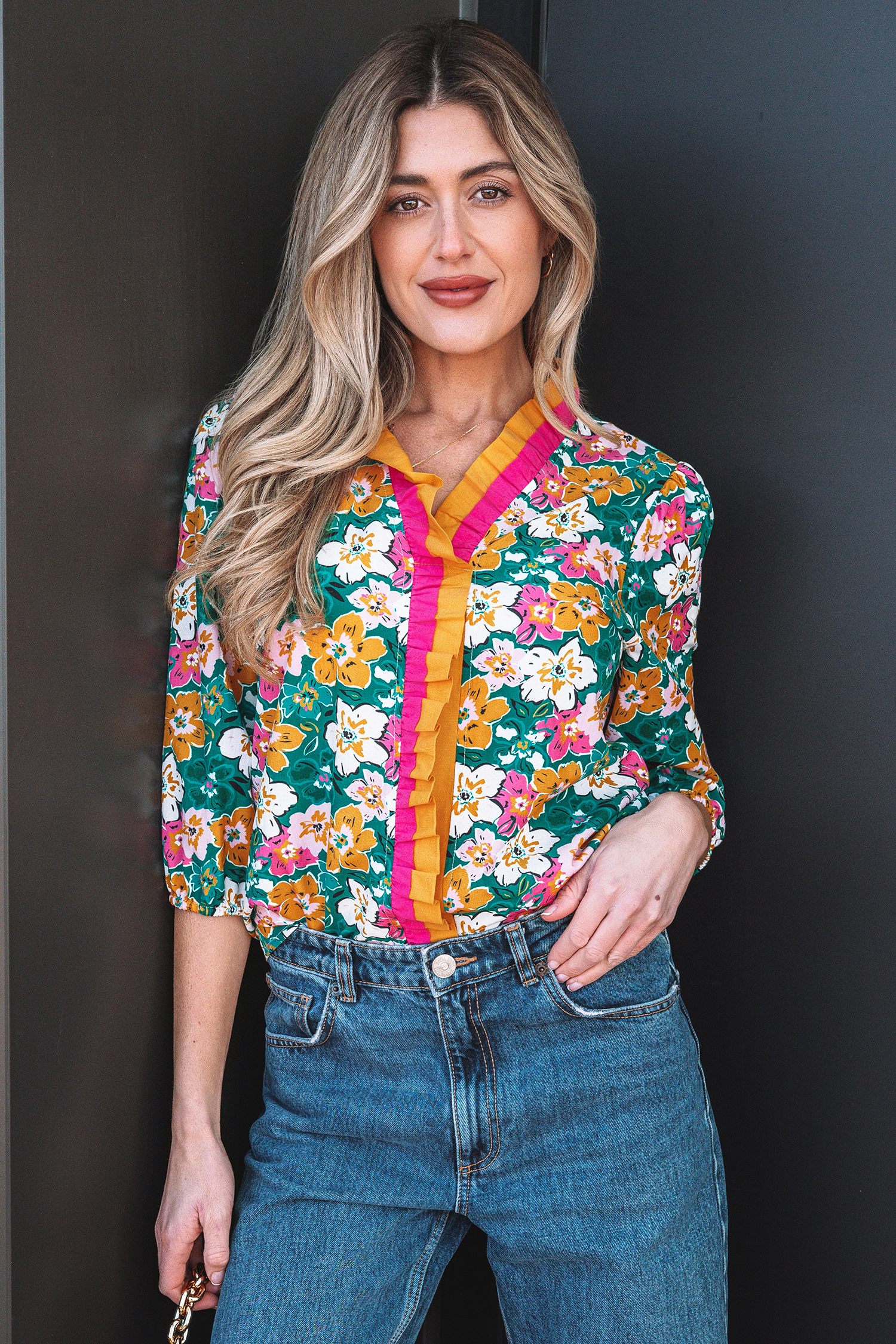 Green Floral Print Contrast Trim Frilled V Neck 3/4 Sleeve Blouse - loveforevers