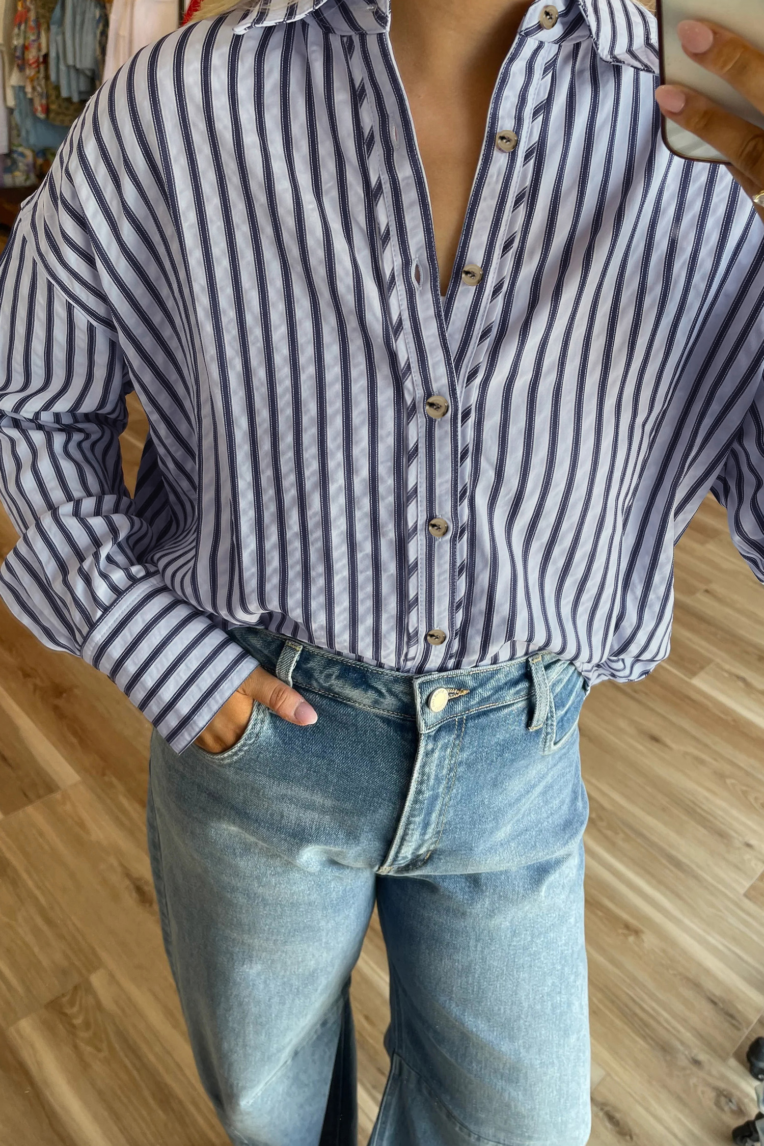 Blue Stripe Button Down Long Sleeve Loose Shirt - loveforevers
