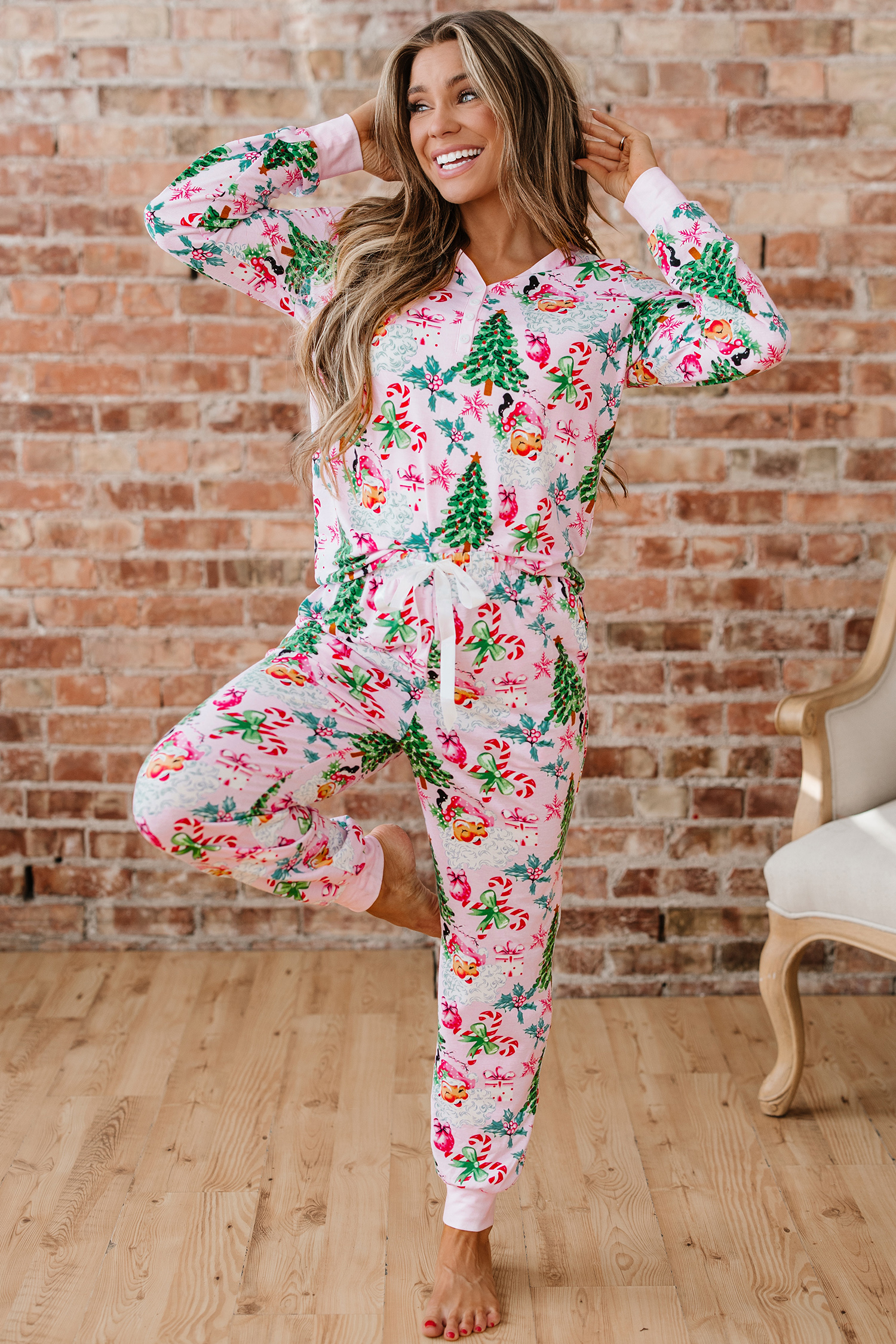 White Christmas Pattern Button V Neck Pullover Drawstring Pants 2pcs Lounge Set - loveforevers