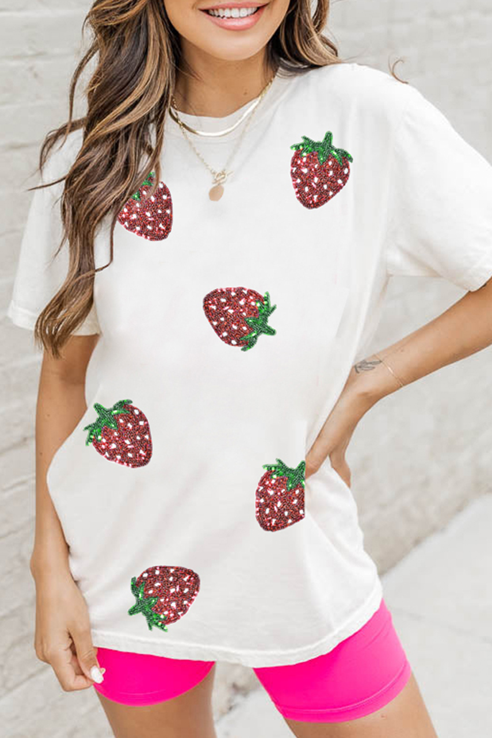 White Sequin Bow Strawberry Graphic Crew Neck T Shirt - loveforevers