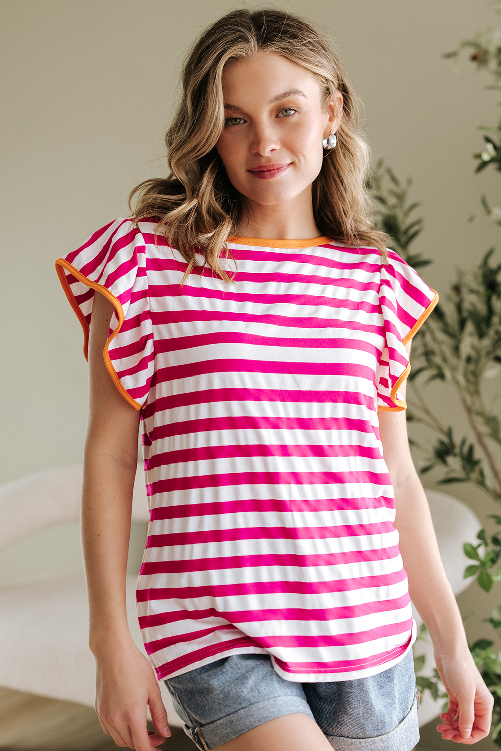 Rose Red Striped Ruffle Sleeve Crew Neck Blouse - loveforevers