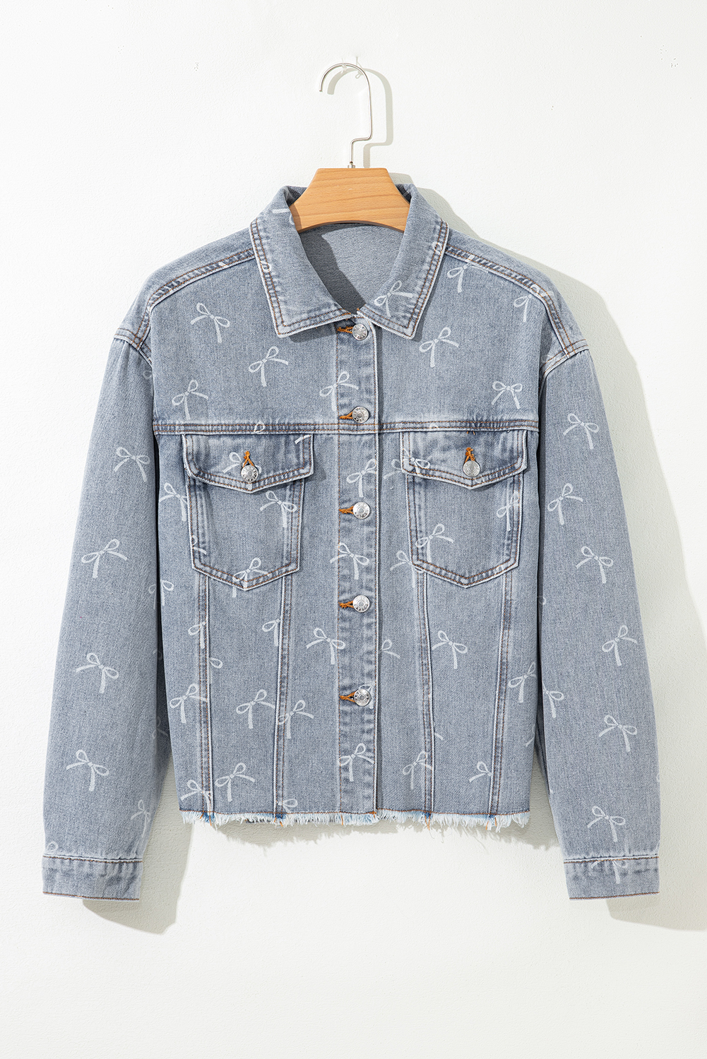 Sky Blue Bow Knot Print Light Wash Raw Hem Denim Jacket - loveforevers
