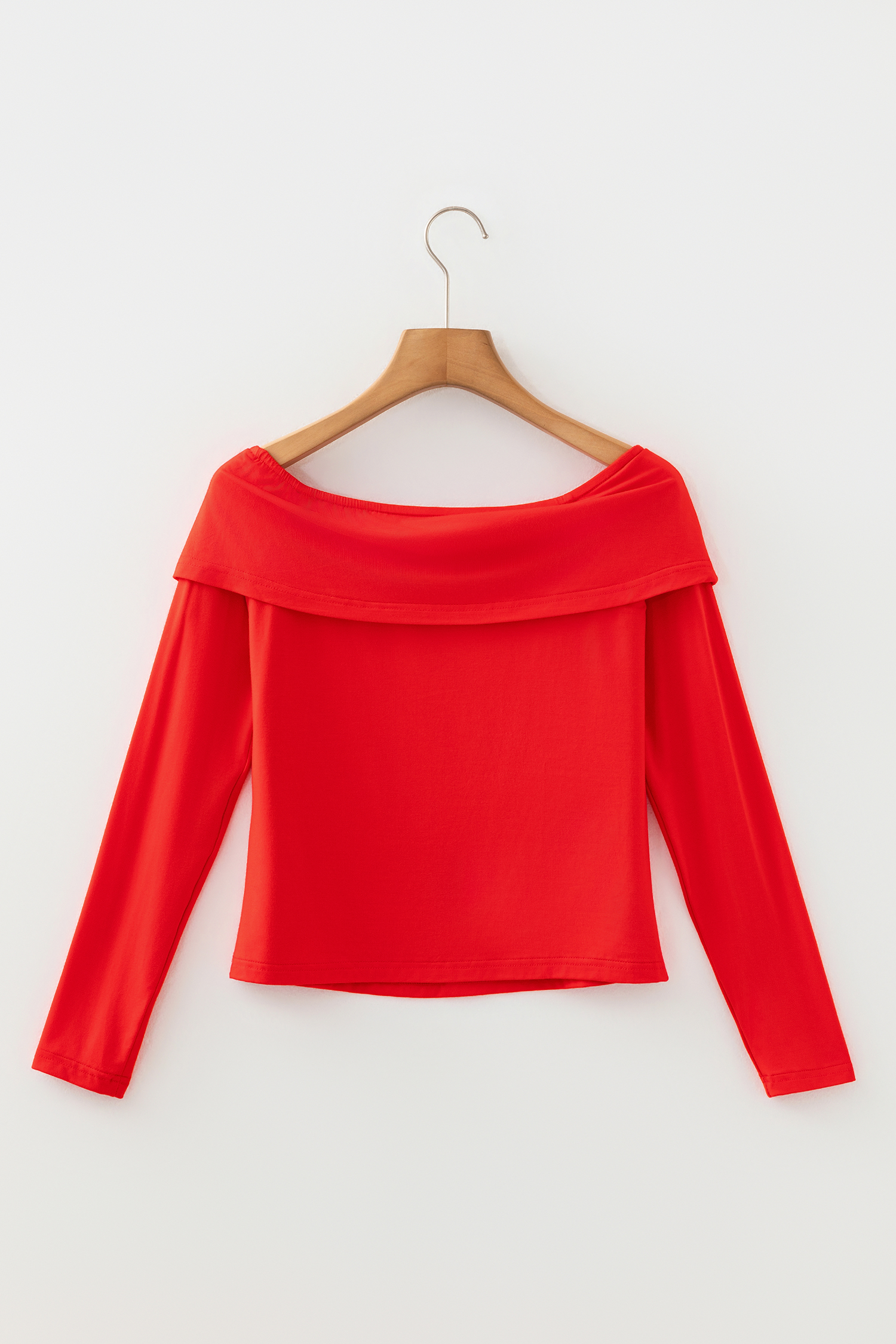 Fiery Red Foldover Off Shoulder Long Sleeve Slim Top - loveforevers