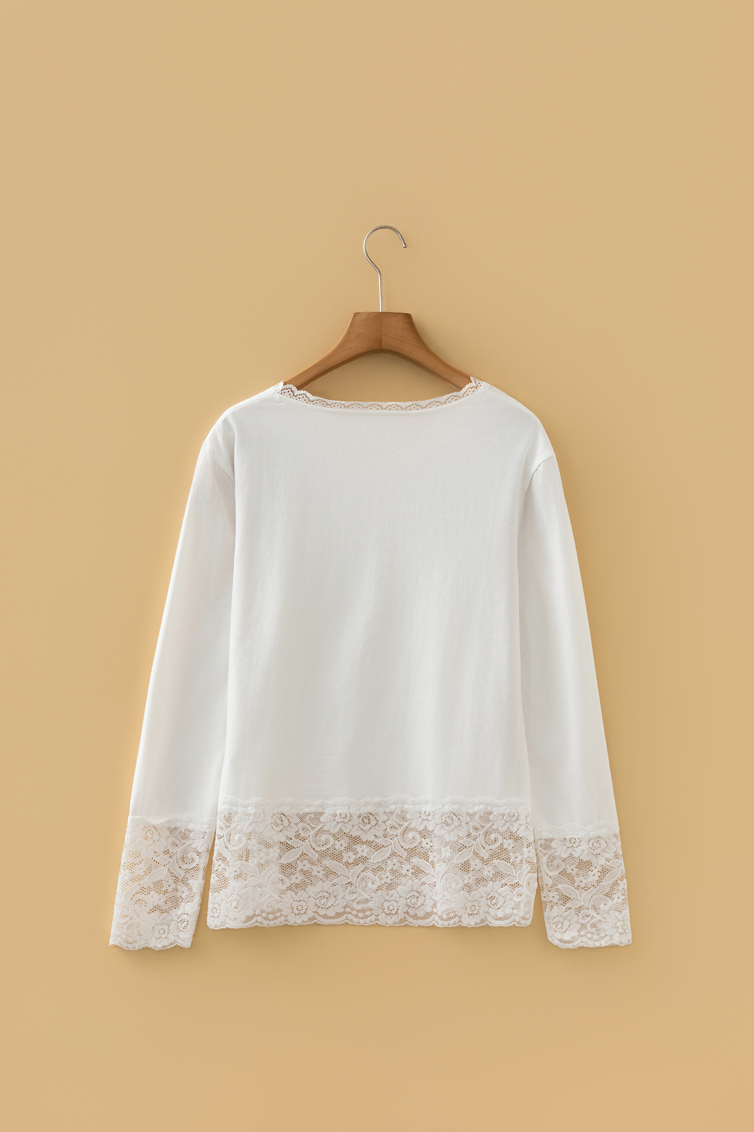 White Lace Trim V Neck Cuffed Long Sleeve Loose Top - loveforevers