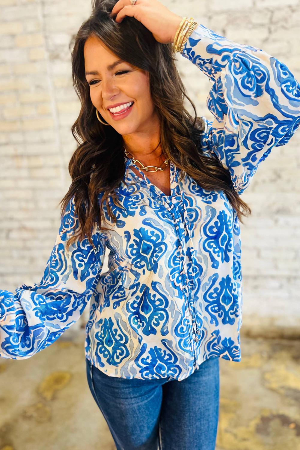 Sky Blue Ethnic Printed Tie Split Neck Button Front Puff Sleeve Shirt - loveforevers