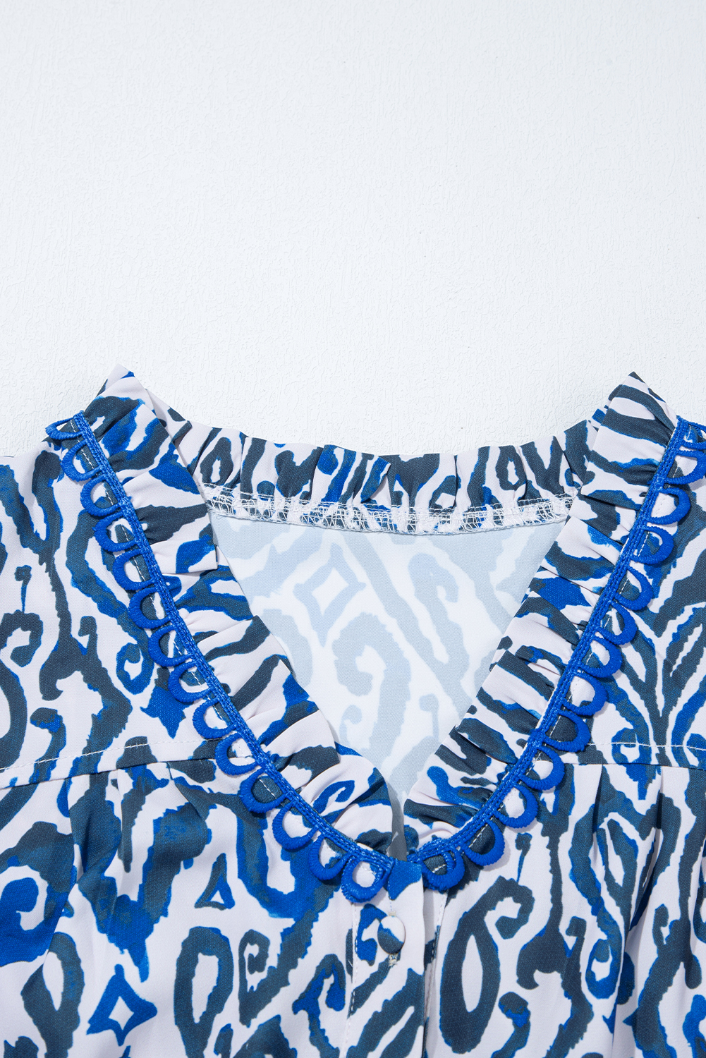 Blue Bohemian Print Embroidered V Neckline Detail Long Sleeve Shirt - loveforevers