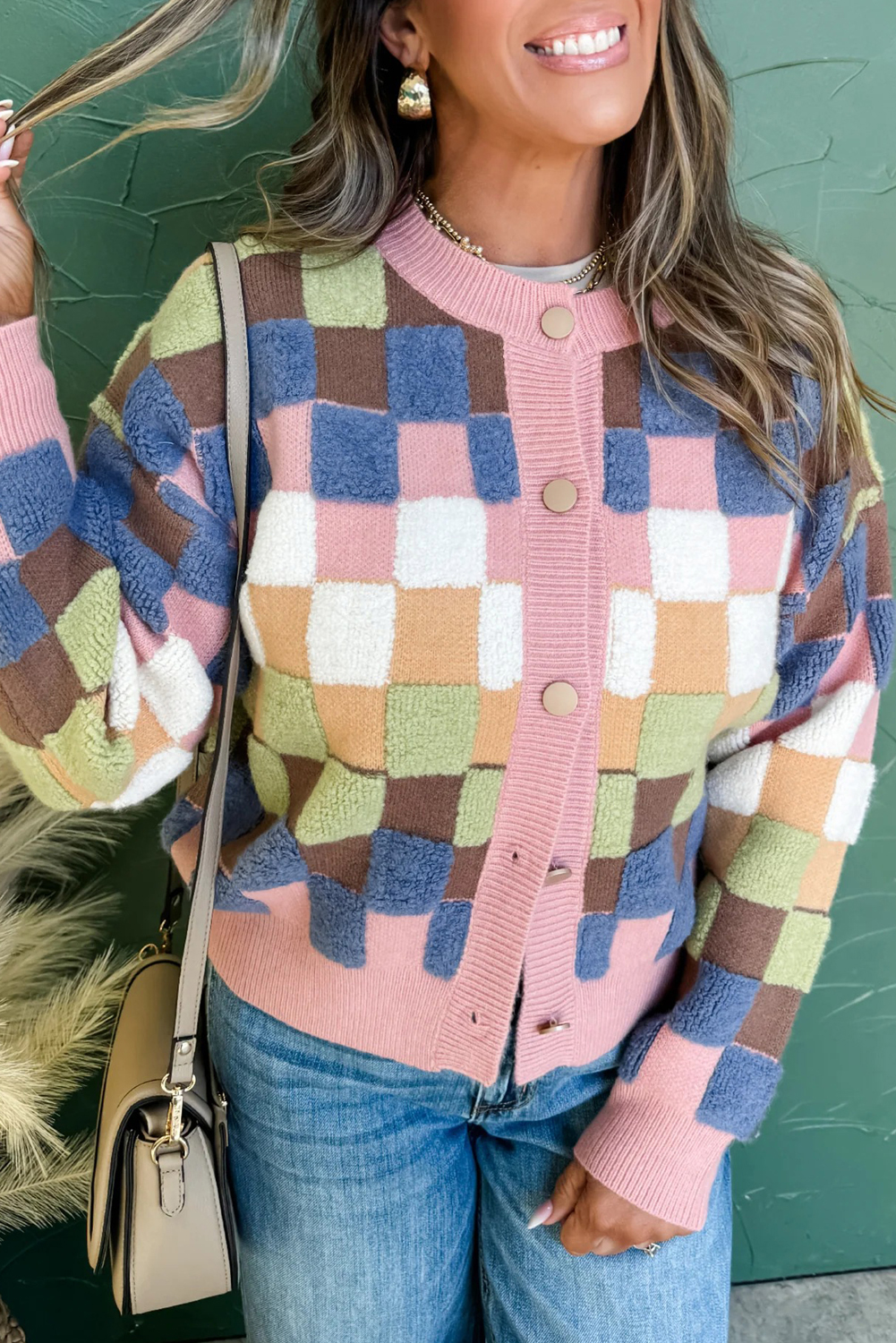 Multicolour Plush Checkered Pattern Button Front Cardigan Sweater - loveforevers