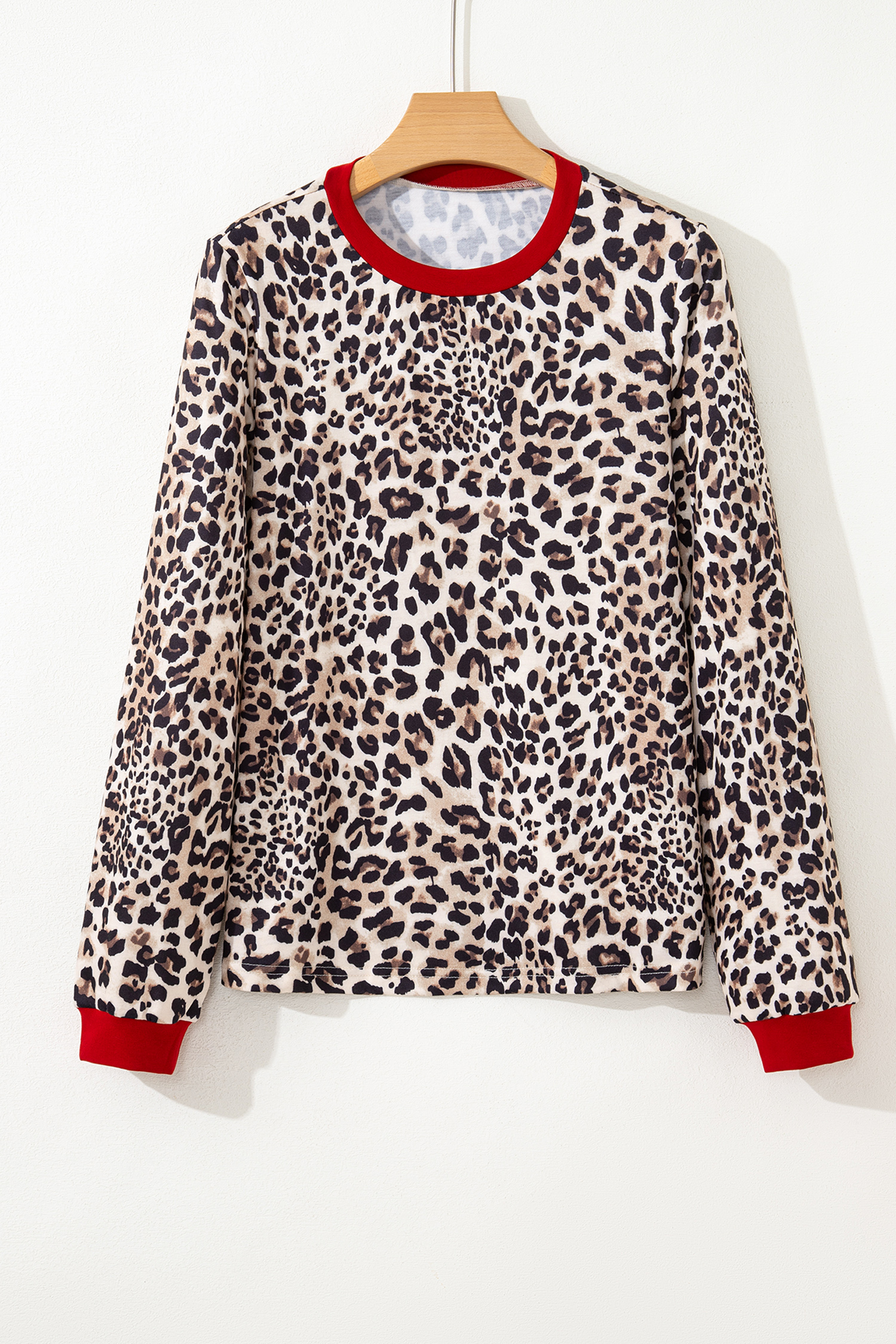 Brown Leopard Print Contrast Trim Round Neck Long Sleeve Top - loveforevers