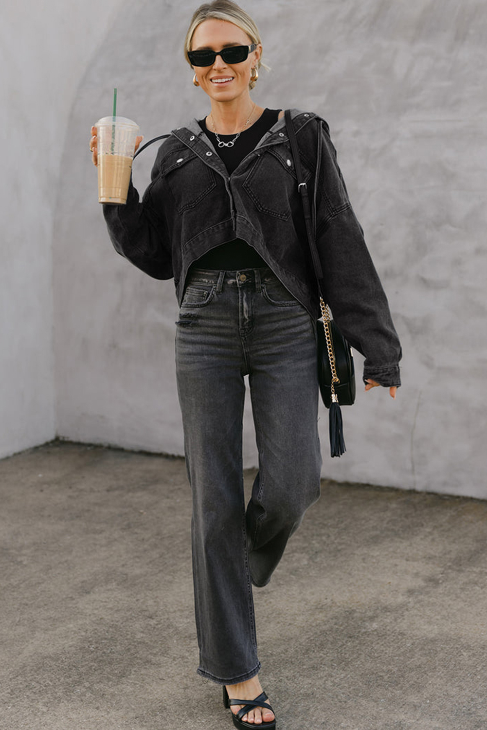 Black Big Chest Pocket Drop Shoulder Hooded Denim Jacket - loveforevers