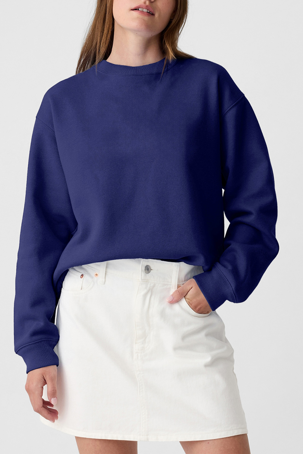 Navy Blue Plain Drop Shoulder Crewneck Pullover Sweatshirt - loveforevers