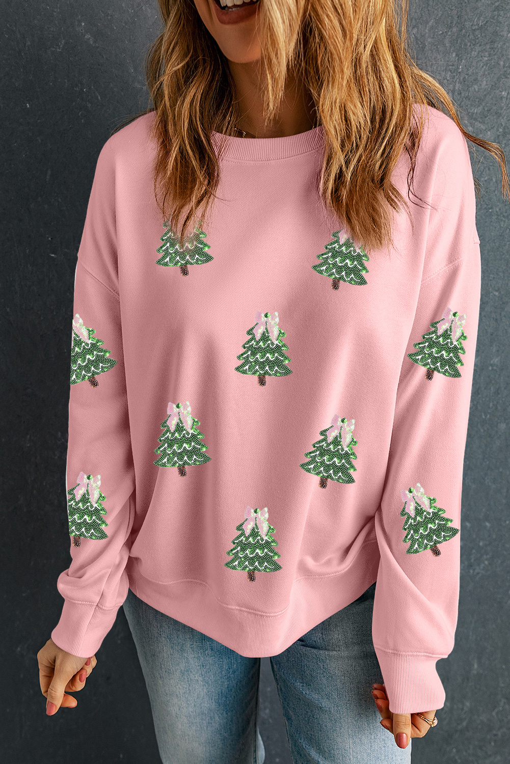 Pink Sequined Xmas Tree Patched Patterned Holiday Pullover Sweatshirt - loveforevers