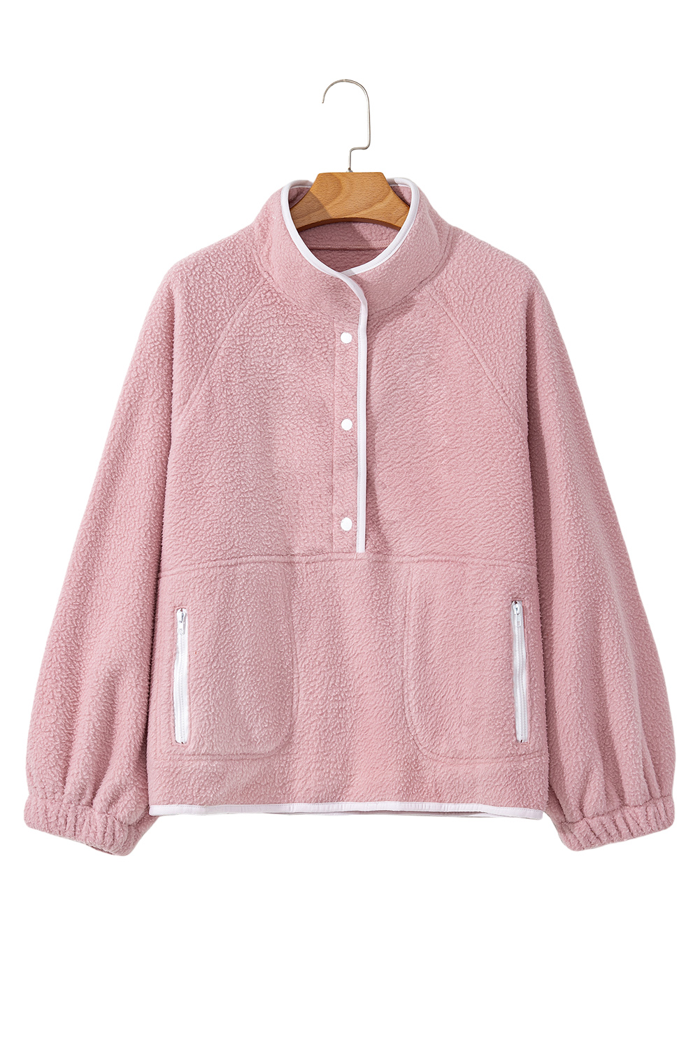 Fushia Stand Neck Half Button Zip Pocket Plush Sweatshirt - loveforevers