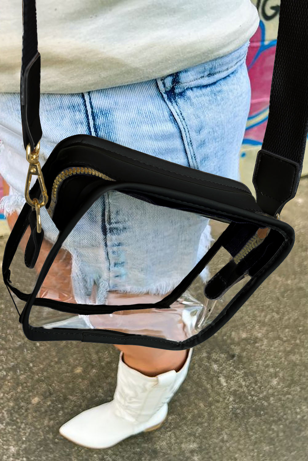 Black Clear PVC Leather Strap Crossbody Bag - loveforevers