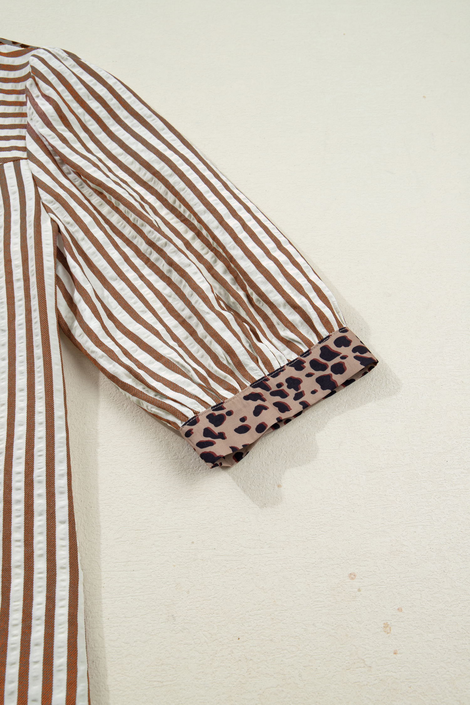 Sky Blue Stripe Leopard Trim V Neck Button Down Half Sleeve Shirt - loveforevers