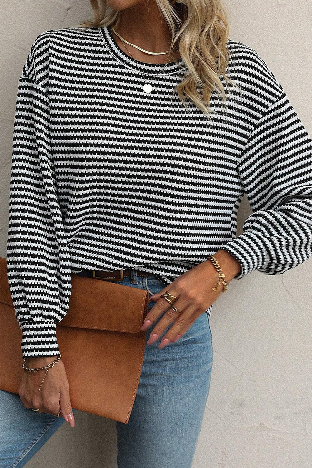 Black Stripe Round Neck Drop Shoulder Long Sleeve Top - loveforevers