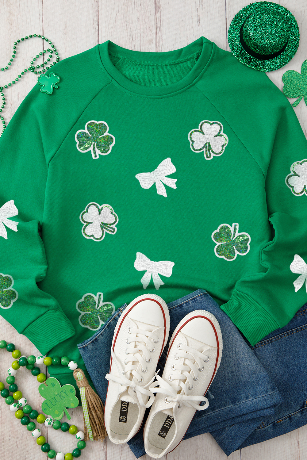 Green Sequin Bow Clover Graphic Pullover Sweatshirt - loveforevers