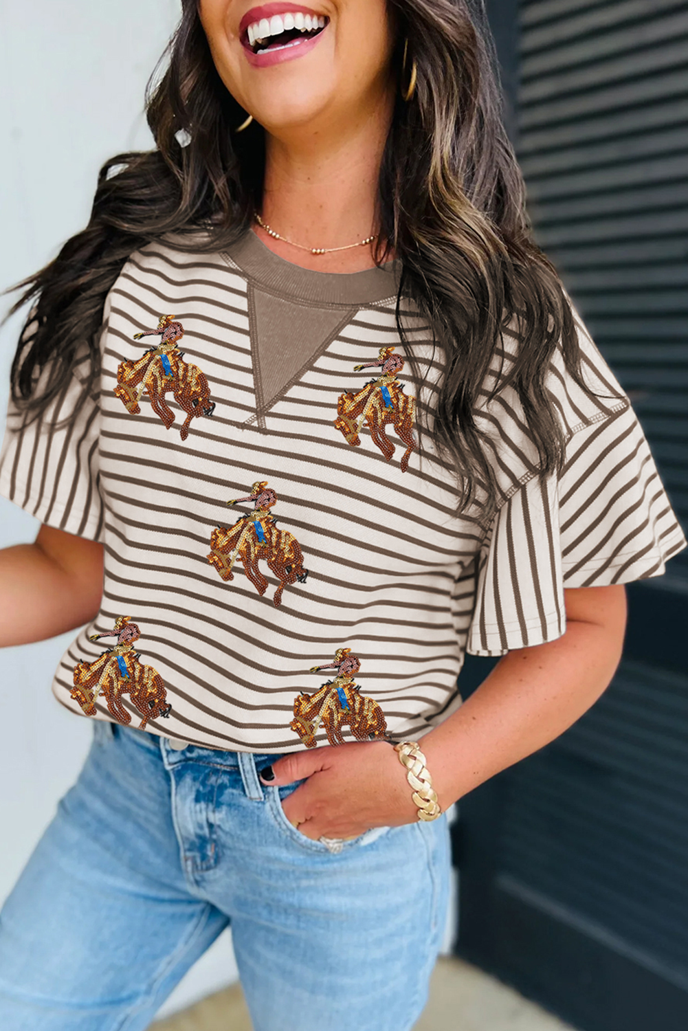 Parchment Sequin Rodeo Patch Pattern Striped Ruffled Sleeve Summer Top - loveforevers