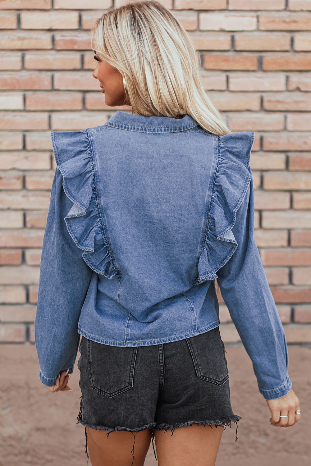 Dusk Blue Denim Ruffled Casual Top - loveforevers