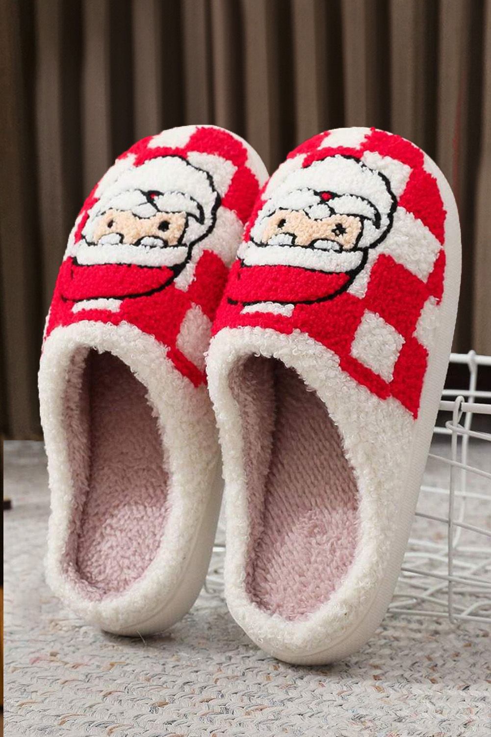 Fiery Red Checkered Santa Claus Graphic Plush Home Slippers - loveforevers