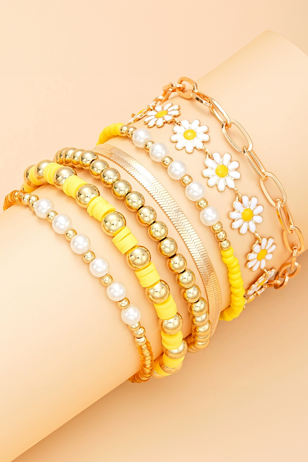 Gold Daisy Beaded Chain Adjustable Multi Layer Bracelet Set - loveforevers