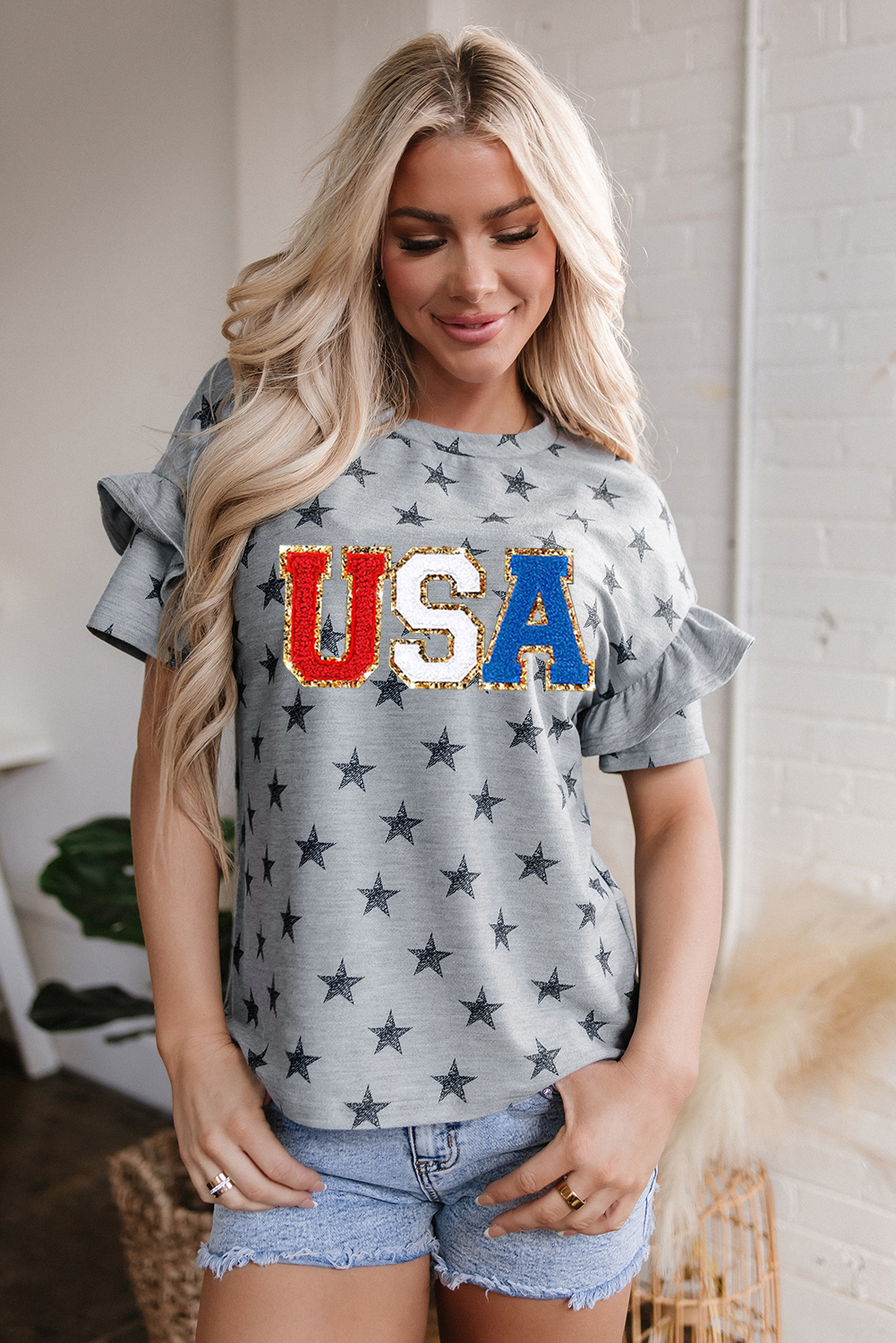 Gray USA Letter Patched Star Printed Ruffle Trim Sleeves Loose Tee - loveforevers