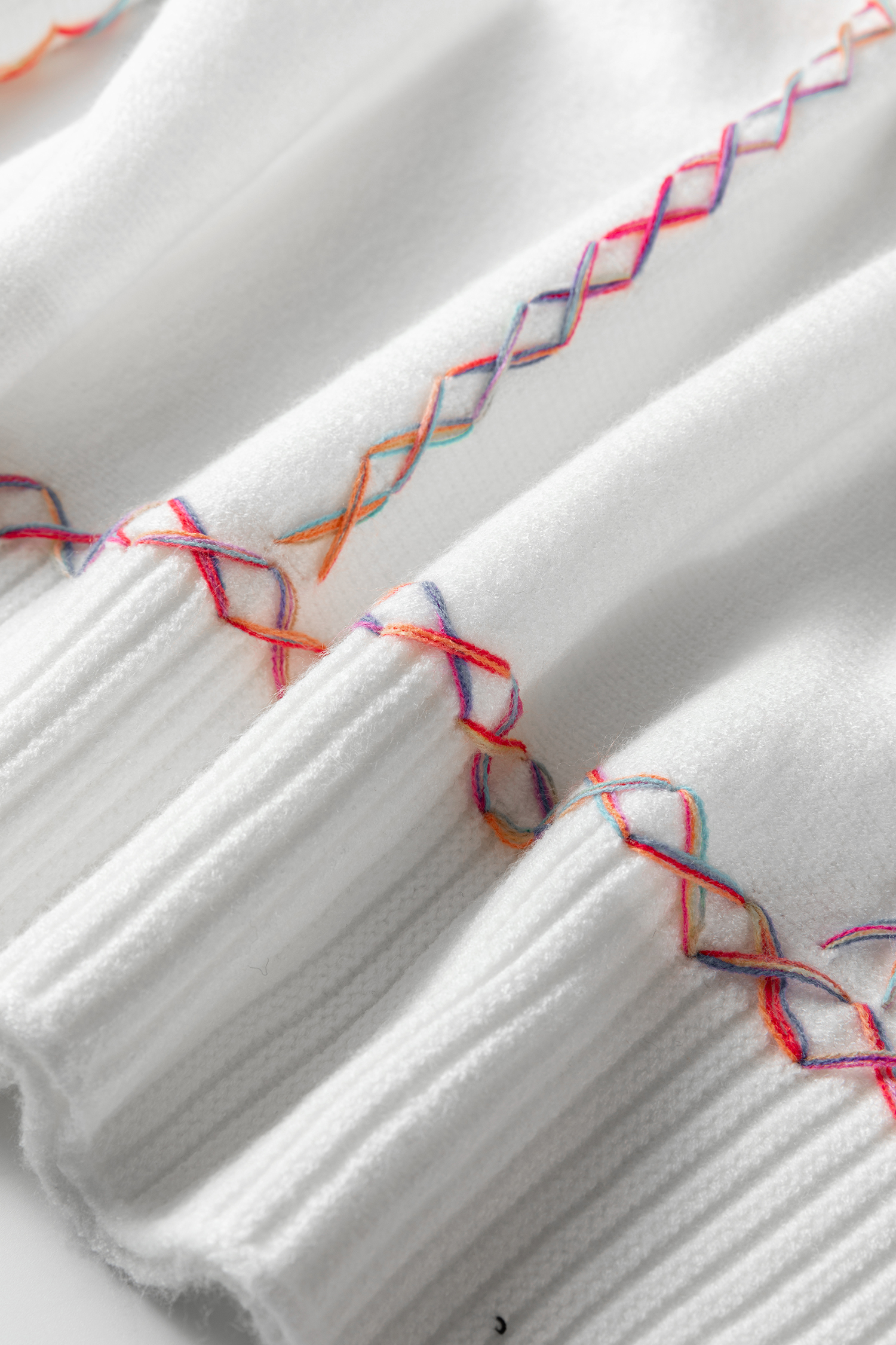 White Rainbow Stitching Balloon Sleeve Relaxed Sweater - loveforevers