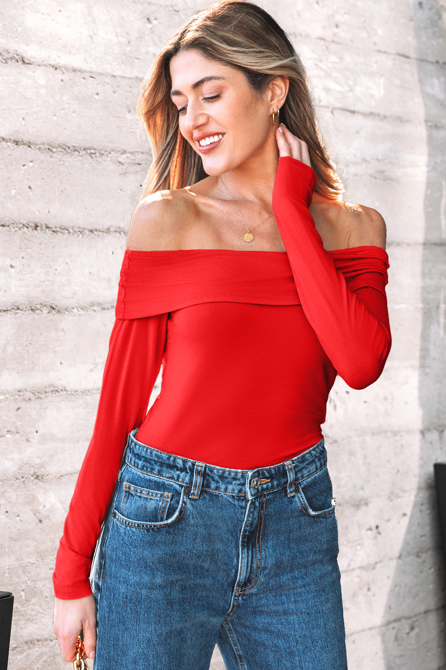Fiery Red Foldover Off Shoulder Long Sleeve Slim Top - loveforevers