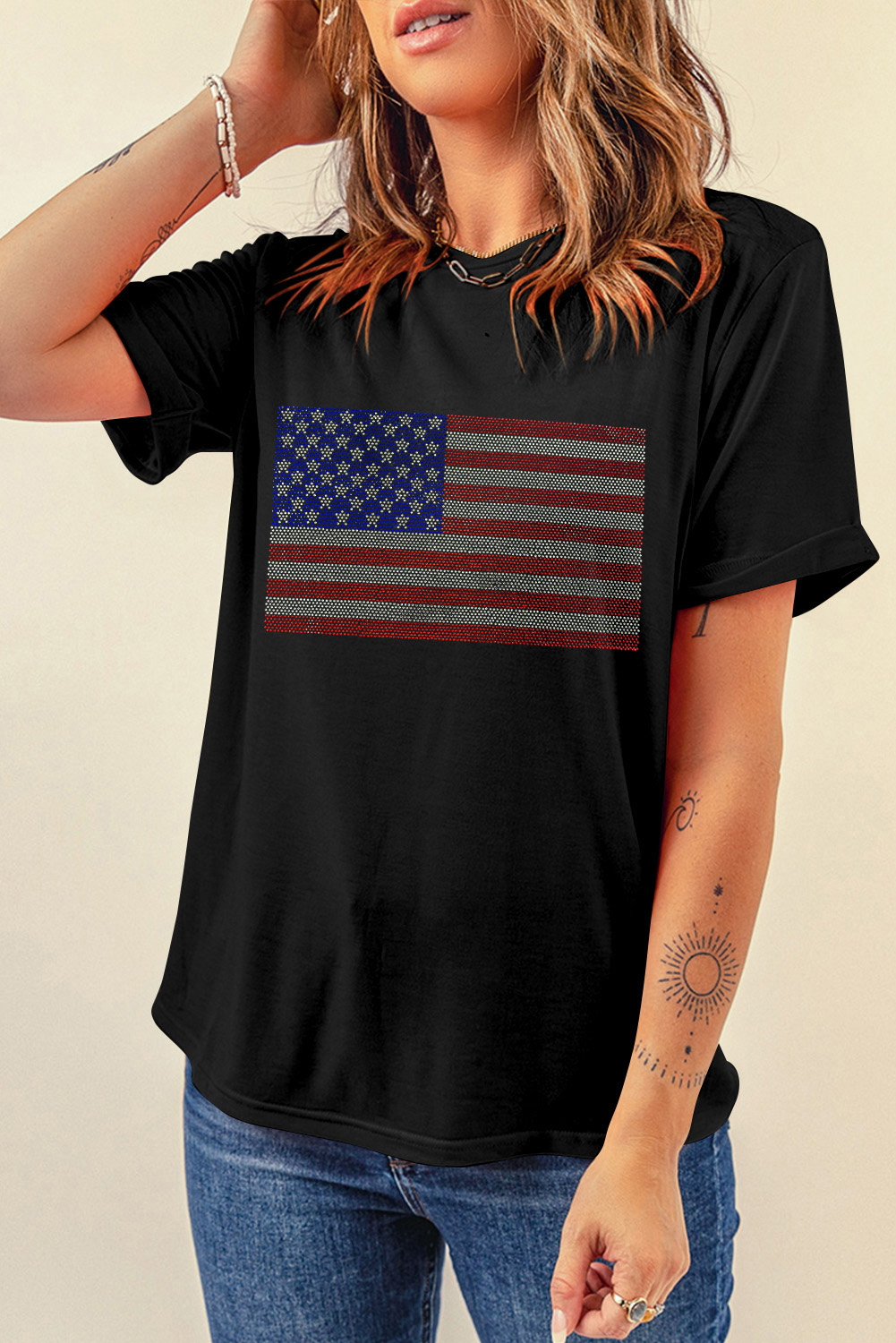 Black Rhinestone American Flag Round Neck Casual Tee - loveforevers