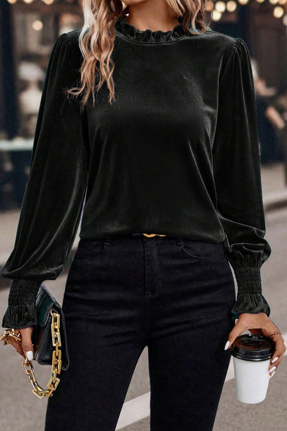 Black Frilled Collared Smocked Cuffs Puff Sleeve Velvet Blouse - loveforevers