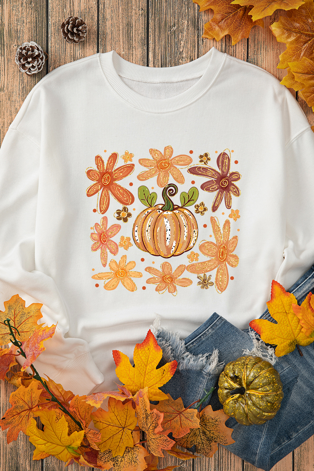 White Flower Pumpkin Printed Cotton Blend Sweatshirt - loveforevers