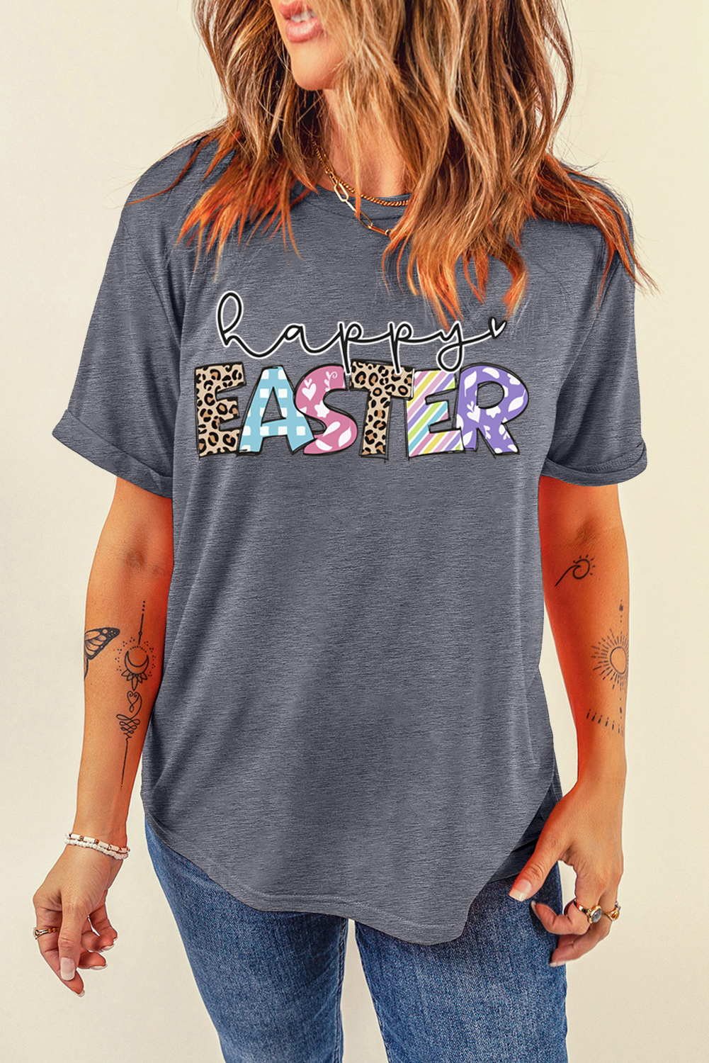 Gray Happy EASTER Lettering Graphic Crewneck Tee - loveforevers
