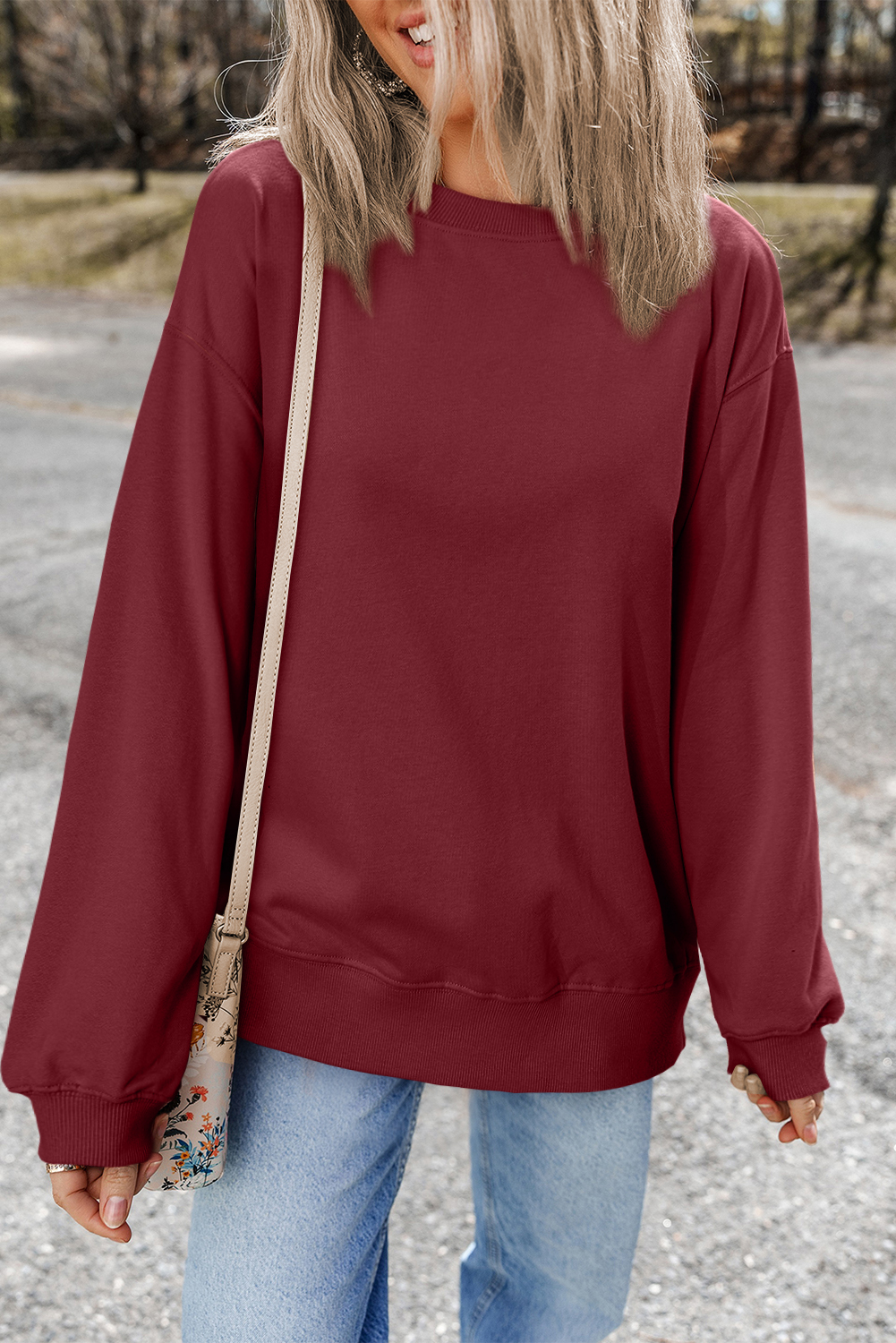 Navy Blue Plain Drop Shoulder Crewneck Pullover Sweatshirt - loveforevers