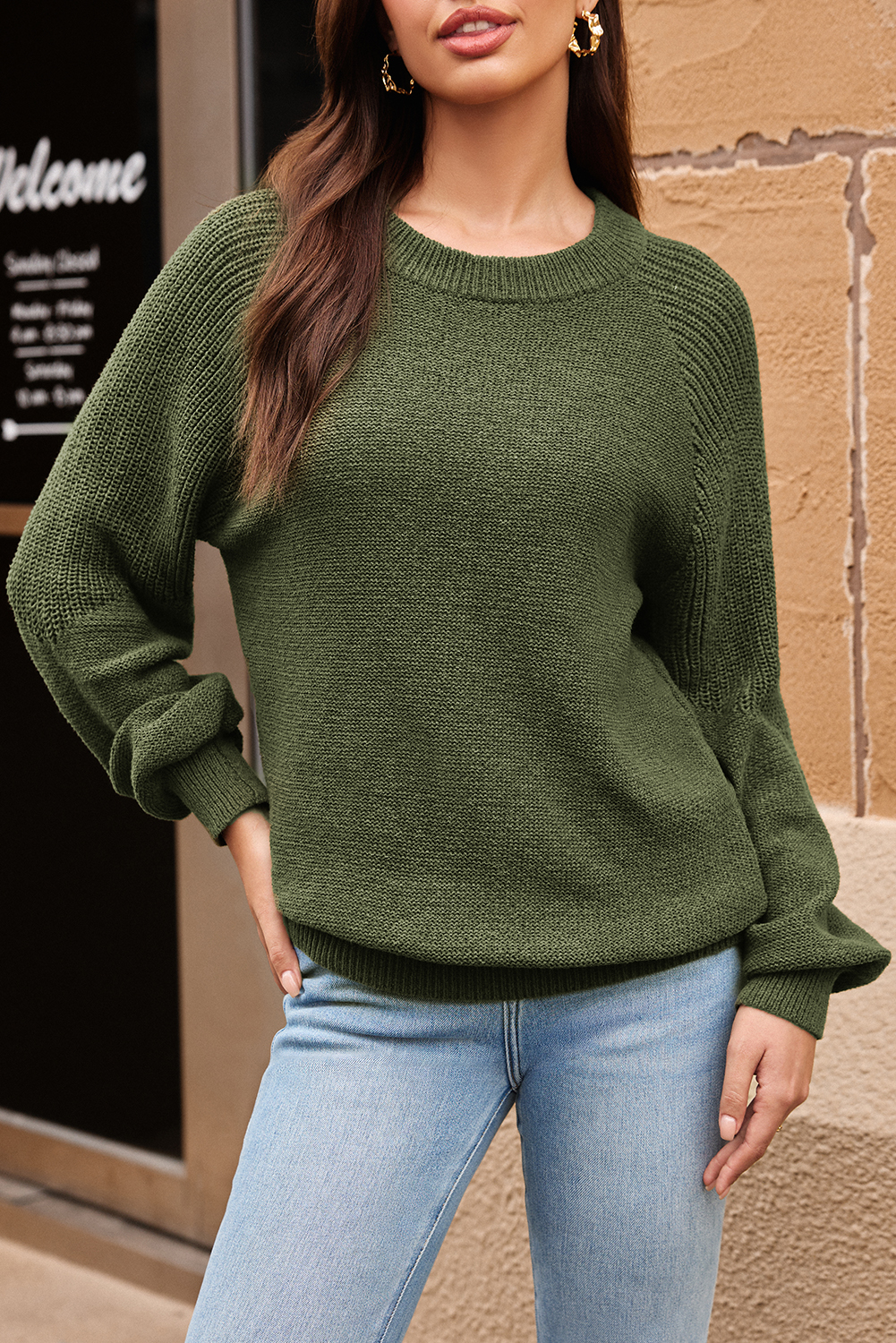 Vineyard Green Chunky Knit Raglan Sleeve Pullover Sweater - loveforevers